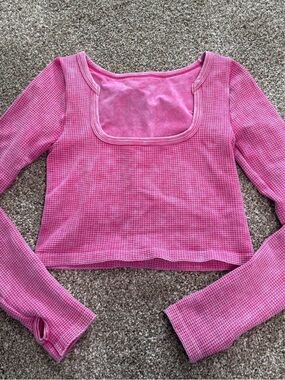 Altar’d state Revival Pink Square-Neck Waffle Knit Long Sleeve crop Top Large/XL